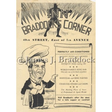 Advertisement for 'Inn Braddock’s Corner', where many fans and stars would meet with the Champ and dine in New York City's theatre district